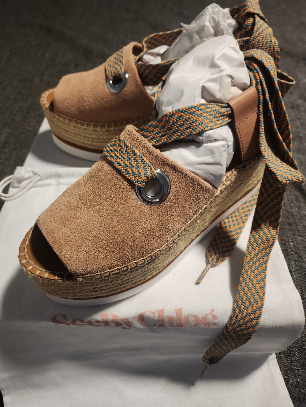 NEW See By Chloé Tan Suede Lace-Up Espadrille Platform Sandals w/ Box & Dust Bag - Picture 3 of 4
